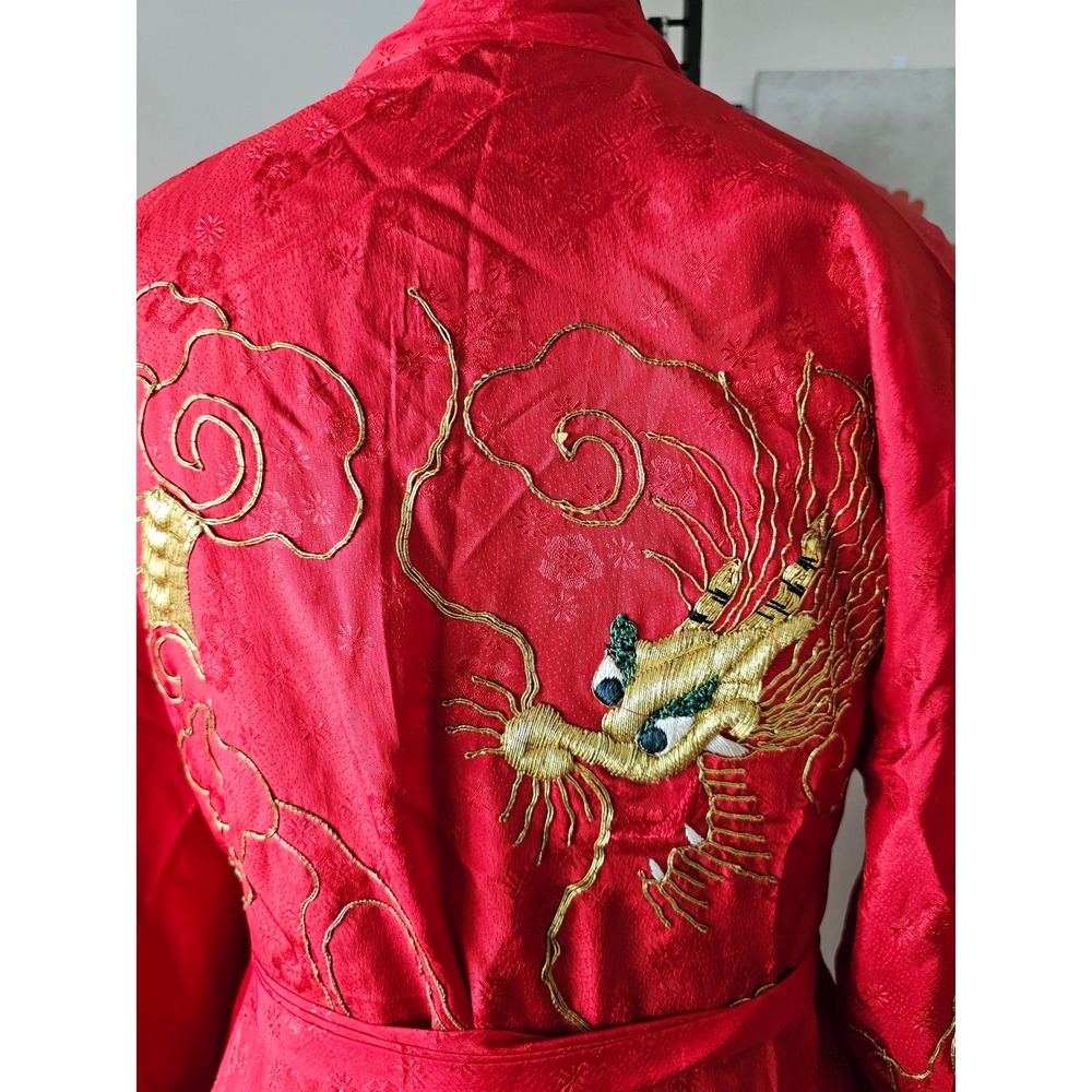 Vintage Red Satin Kimono Robe Gold Dragon Embroidery Long Loungewear Dress - Picture 12 of 13